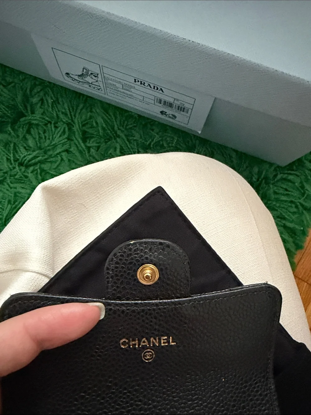 CHANEL Black Quilted Caviar Leather Card Case with Gold CC Hardware